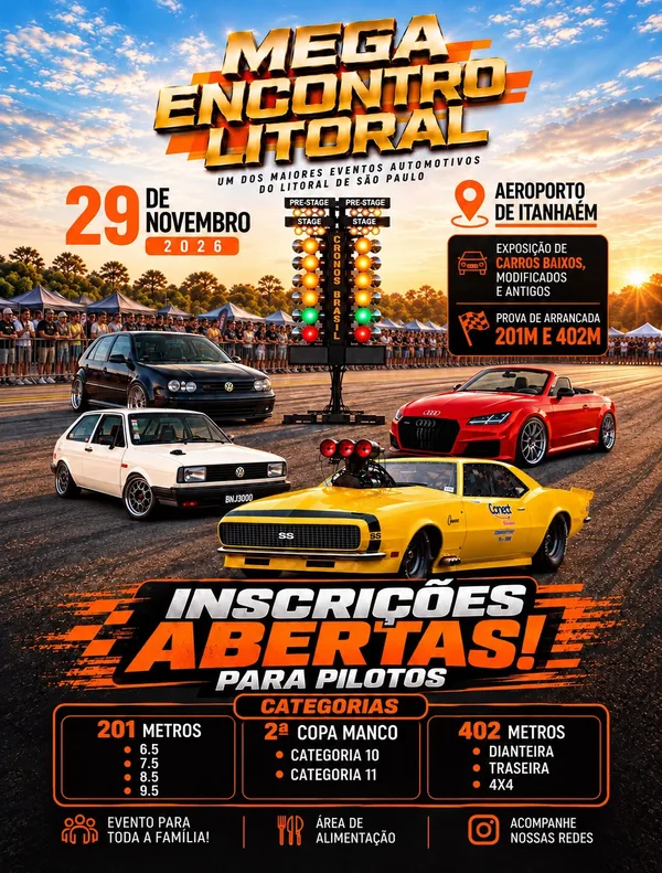 Flyer do Mega Encontro Litoral: inscrições abertas para pilotos, com as categorias de 201 e 402 metros e a 2ª Copa Manco.