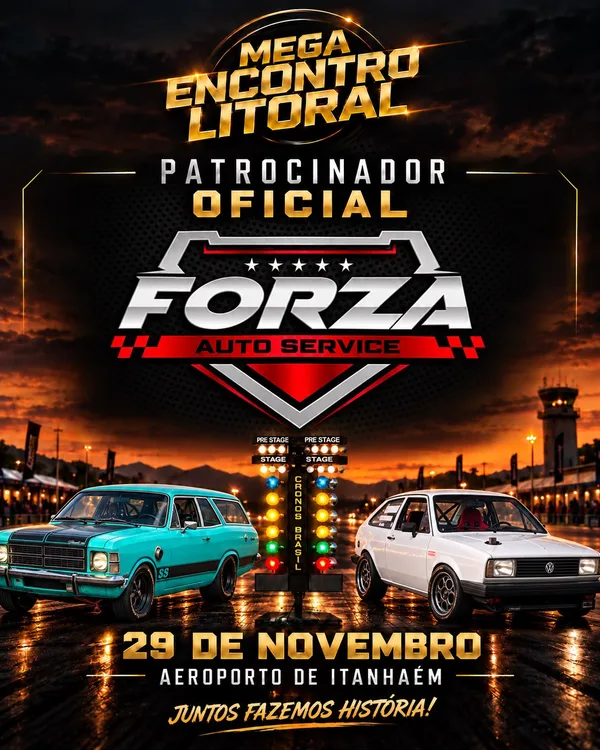 Flyer do Mega Encontro Litoral: Forza Auto Service, patrocinador oficial. 29 de novembro, Aeroporto de Itanhaém.